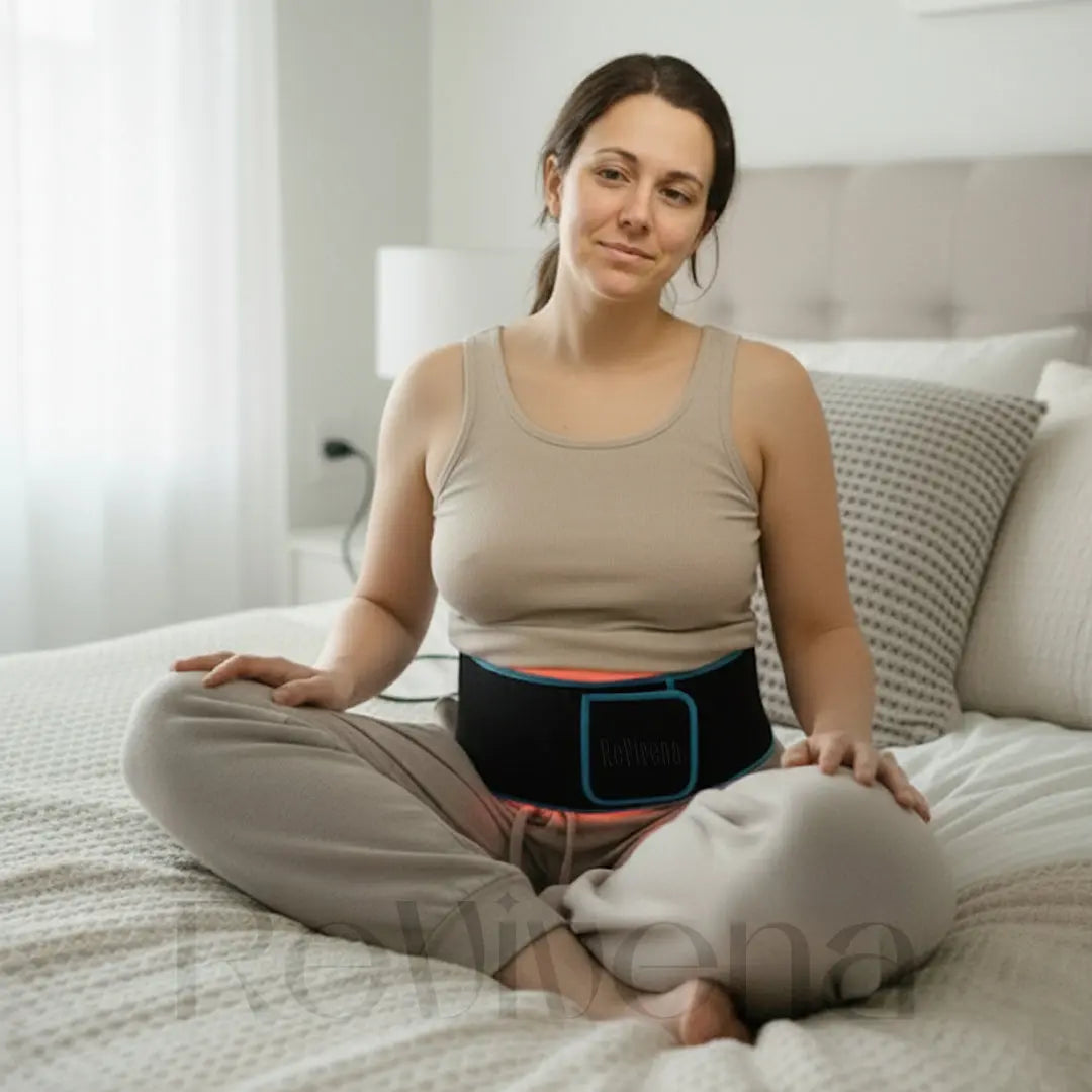 Woman sitting on a bed wearing a red light therapy belt